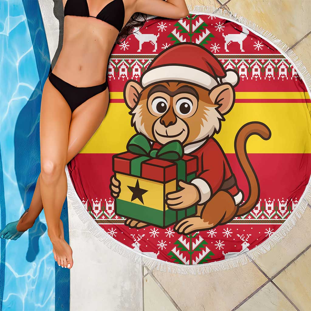Ghana Christmas Beach Blanket with Monkey Holding Gift Ghana Map and Festive - Wonder Print Shop