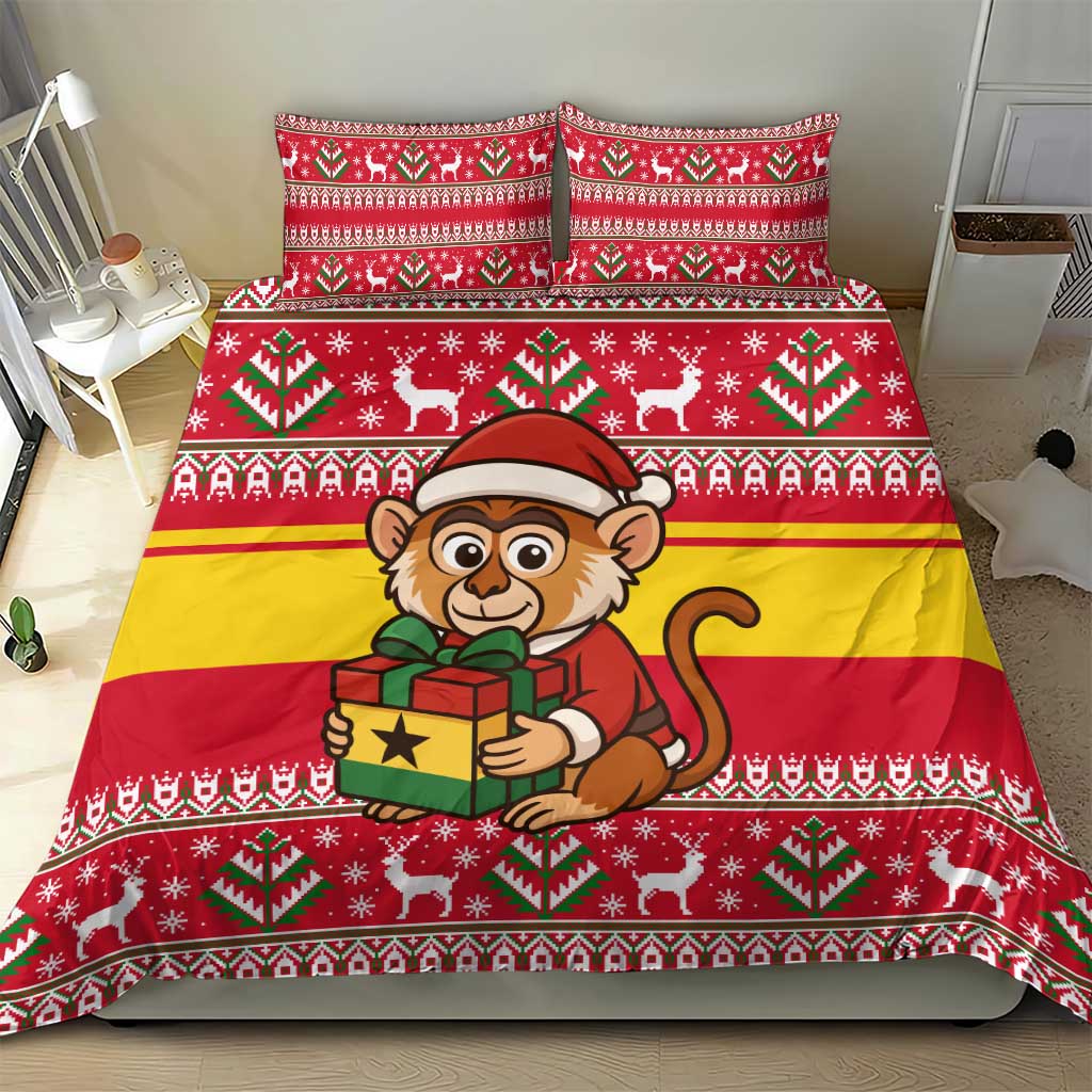 Ghana Christmas Bedding Set with Monkey Holding Gift Ghana Map and Festive - Wonder Print Shop