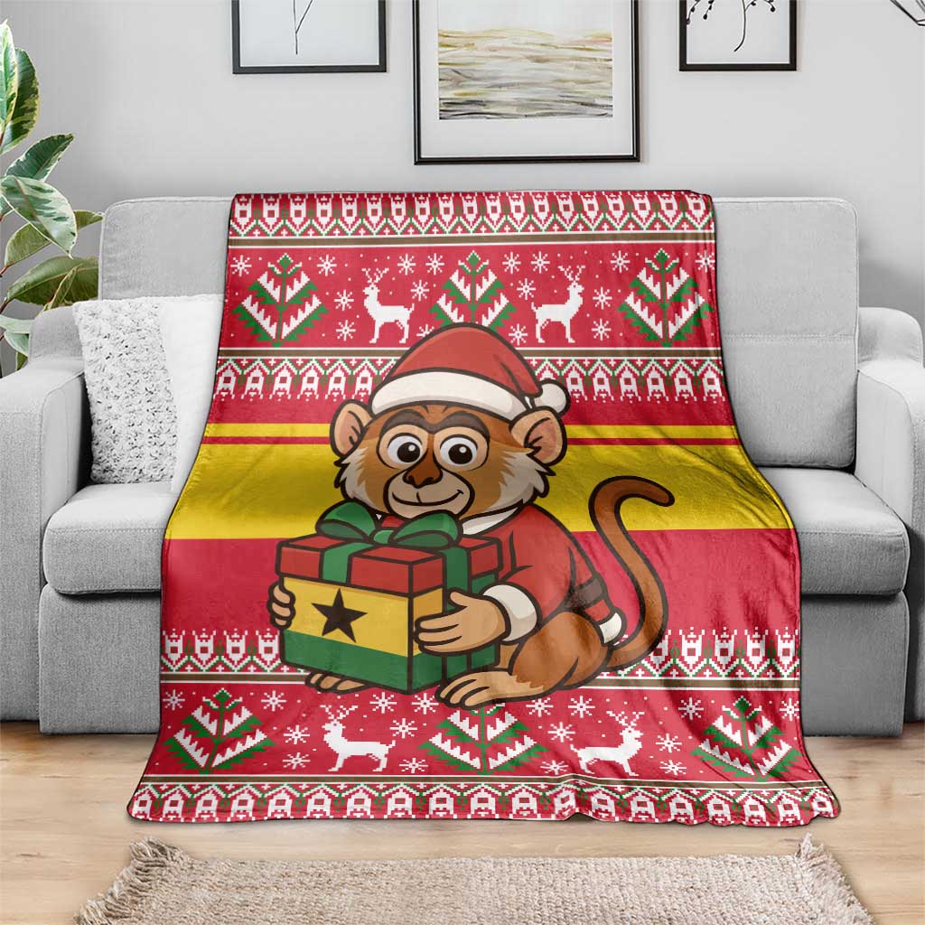 Ghana Christmas Blanket with Monkey Holding Gift Ghana Map and Festive - Wonder Print Shop