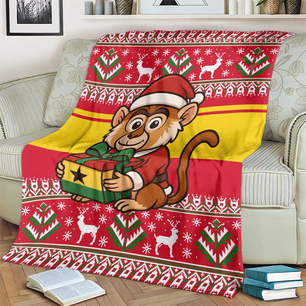 Ghana Christmas Blanket with Monkey Holding Gift Ghana Map and Festive - Wonder Print Shop