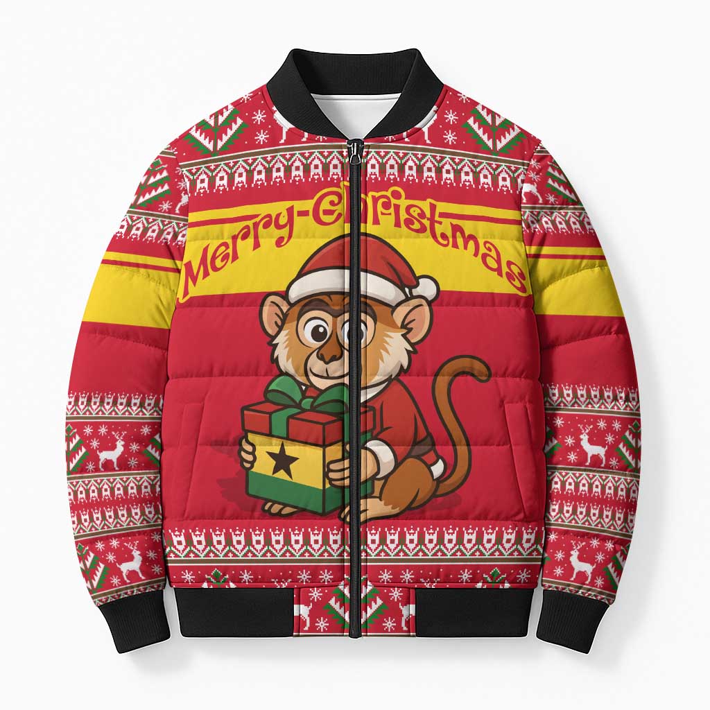 Ghana Christmas Bomber Puffer Jacket with Monkey Holding Gift Ghana Map and Festive - Wonder Print Shop