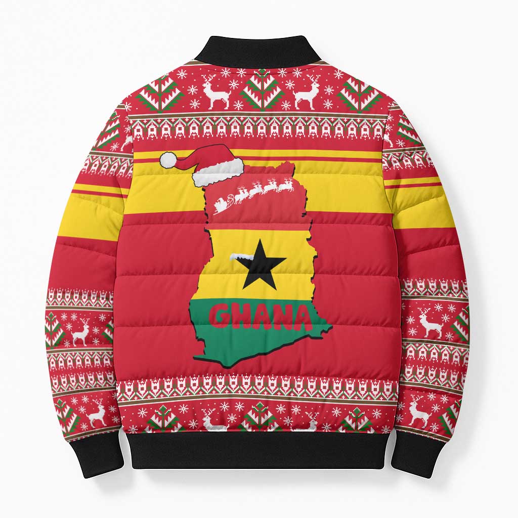 Ghana Christmas Bomber Puffer Jacket with Monkey Holding Gift Ghana Map and Festive - Wonder Print Shop