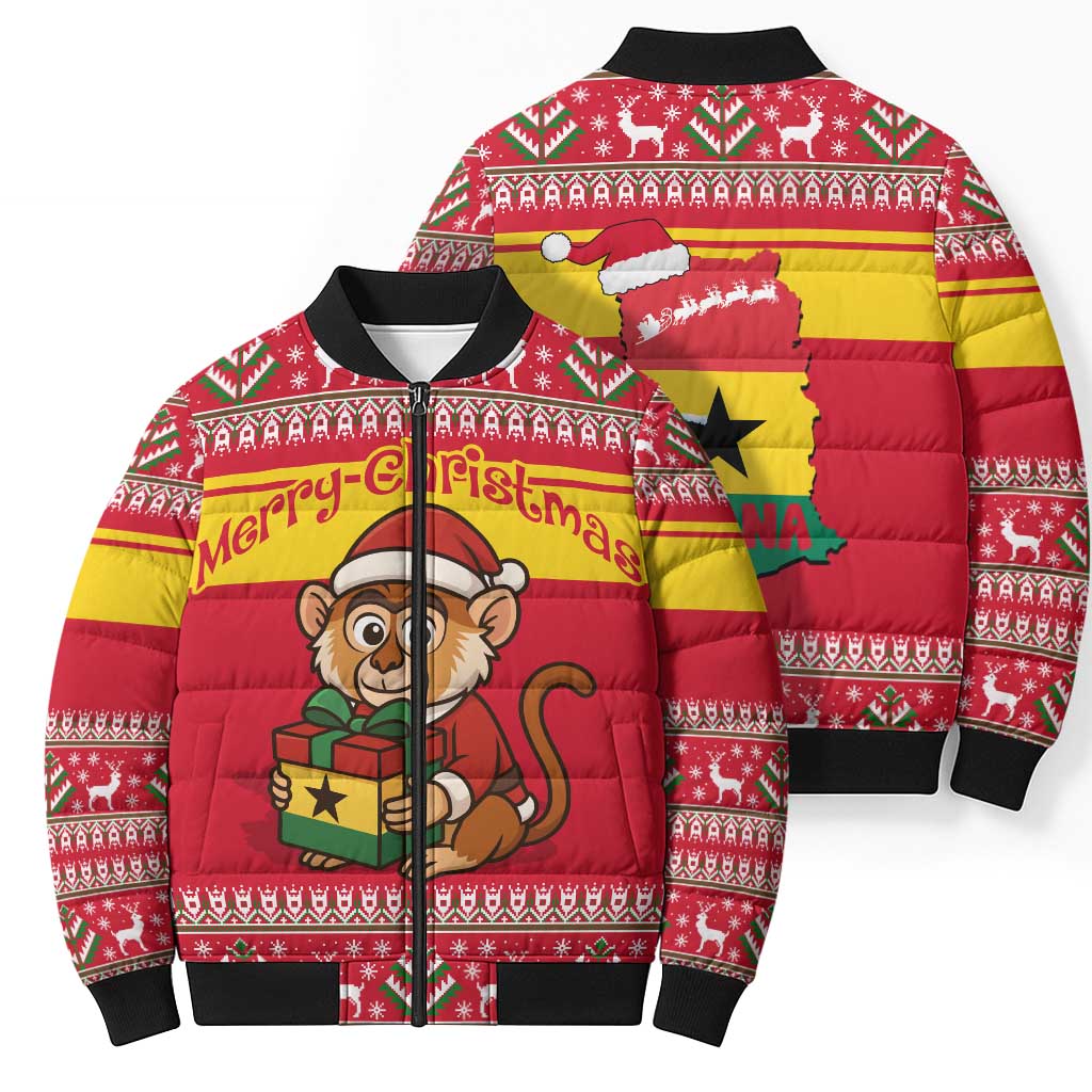 Ghana Christmas Bomber Puffer Jacket with Monkey Holding Gift Ghana Map and Festive - Wonder Print Shop