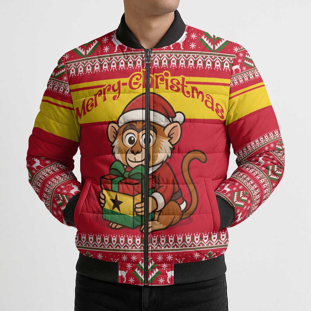 Ghana Christmas Bomber Puffer Jacket with Monkey Holding Gift Ghana Map and Festive - Wonder Print Shop