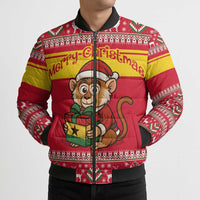Ghana Christmas Bomber Puffer Jacket with Monkey Holding Gift Ghana Map and Festive - Wonder Print Shop