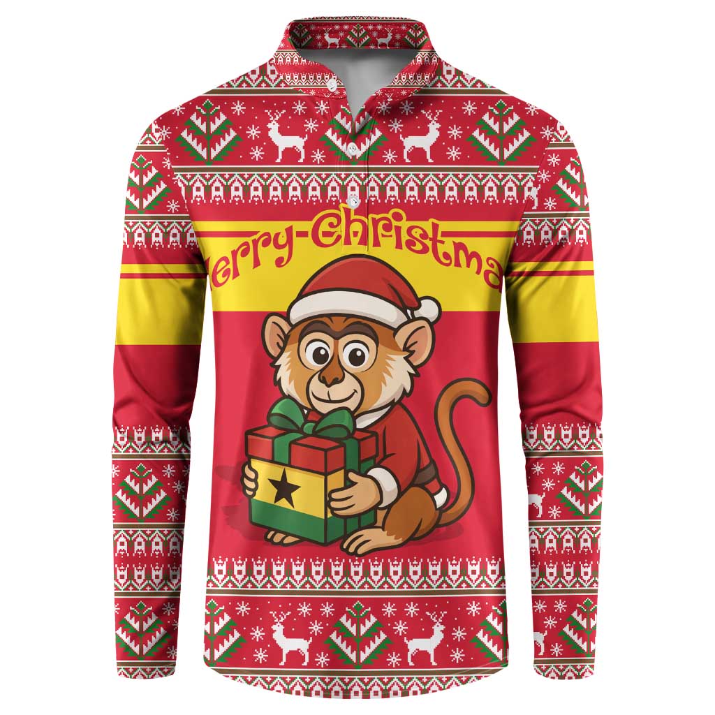 Ghana Christmas Button Sweatshirt with Monkey Holding Gift Ghana Map and Festive - Wonder Print Shop