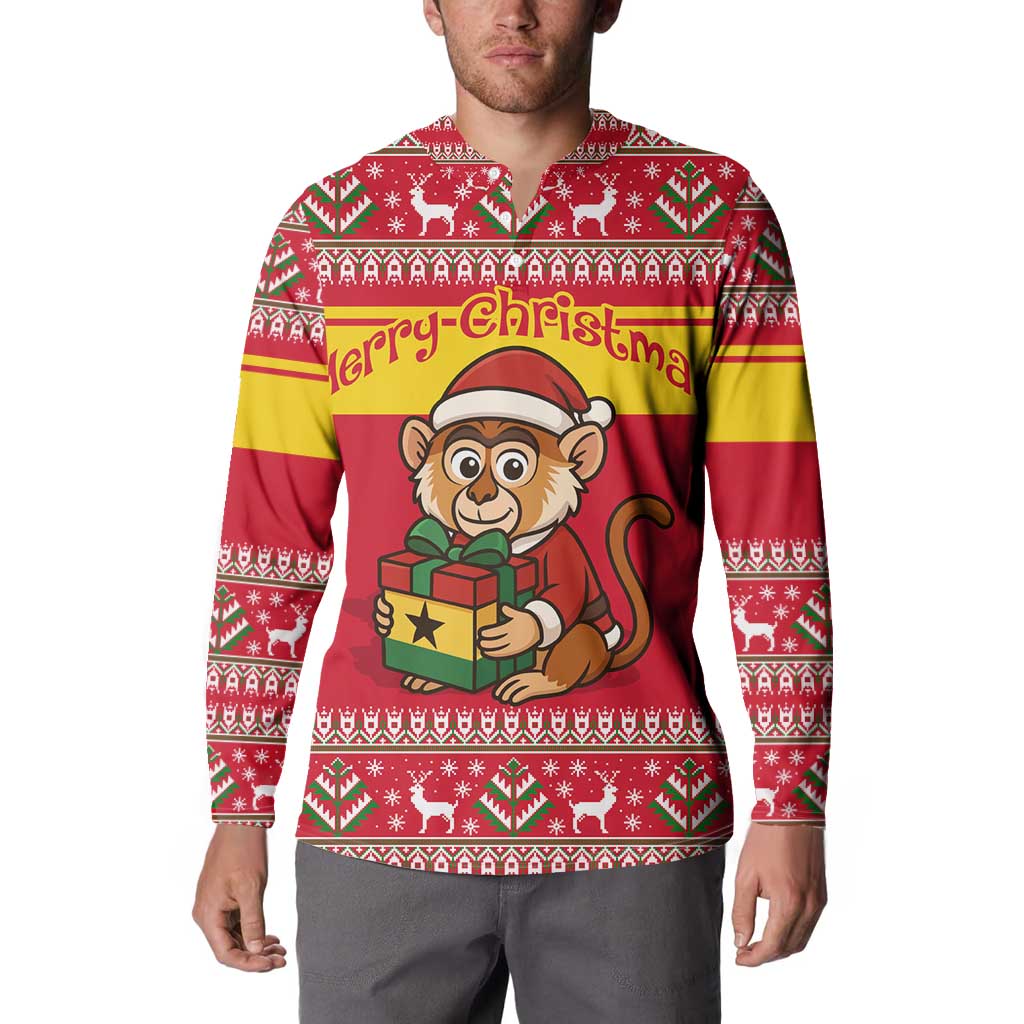 Ghana Christmas Button Sweatshirt with Monkey Holding Gift Ghana Map and Festive - Wonder Print Shop
