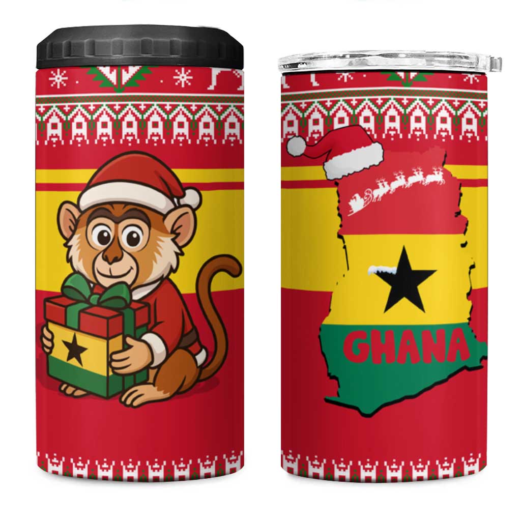 Ghana Christmas 4 in 1 Can Cooler Tumbler with Monkey Holding Gift Ghana Map and Festive - Wonder Print Shop