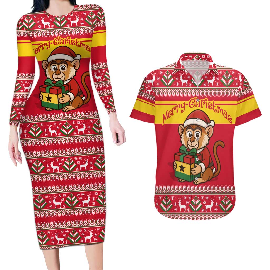 Ghana Christmas Couples Matching Long Sleeve Bodycon Dress and Hawaiian Shirt with Monkey Holding Gift Ghana Map and Festive - Wonder Print Shop