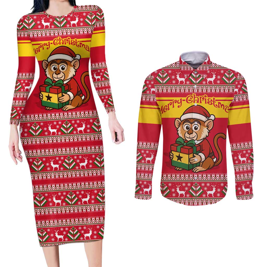 Ghana Christmas Couples Matching Long Sleeve Bodycon Dress and Long Sleeve Button Shirt with Monkey Holding Gift Ghana Map and Festive - Wonder Print Shop