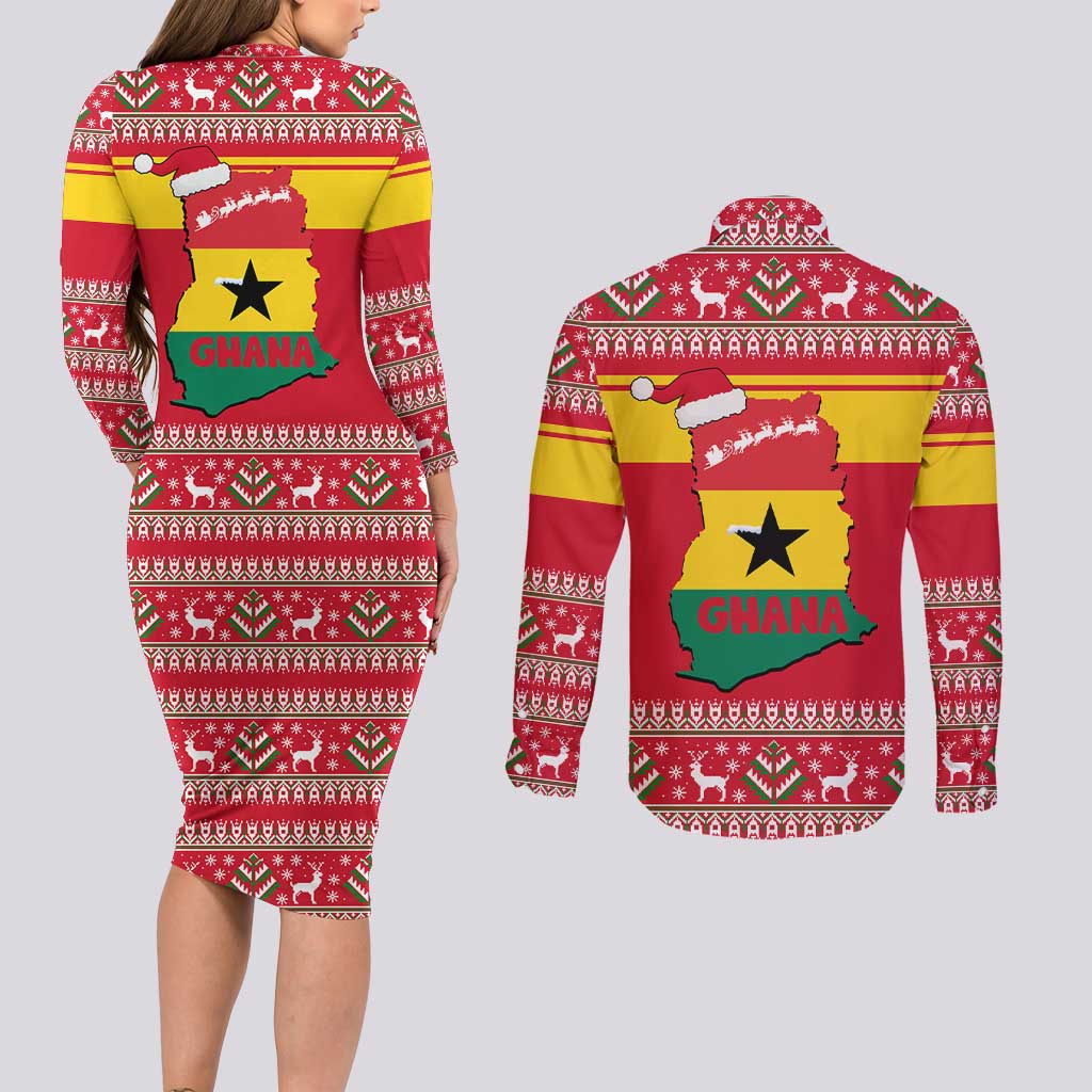 Ghana Christmas Couples Matching Long Sleeve Bodycon Dress and Long Sleeve Button Shirt with Monkey Holding Gift Ghana Map and Festive - Wonder Print Shop