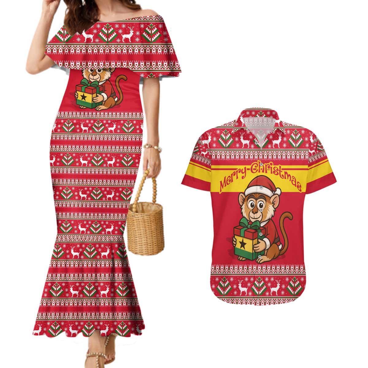 Ghana Christmas Couples Matching Mermaid Dress and Hawaiian Shirt with Monkey Holding Gift Ghana Map and Festive - Wonder Print Shop