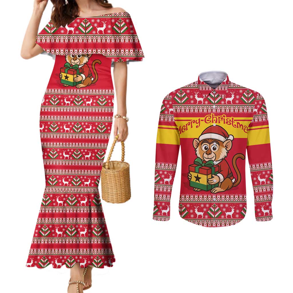 Ghana Christmas Couples Matching Mermaid Dress and Long Sleeve Button Shirt with Monkey Holding Gift Ghana Map and Festive - Wonder Print Shop