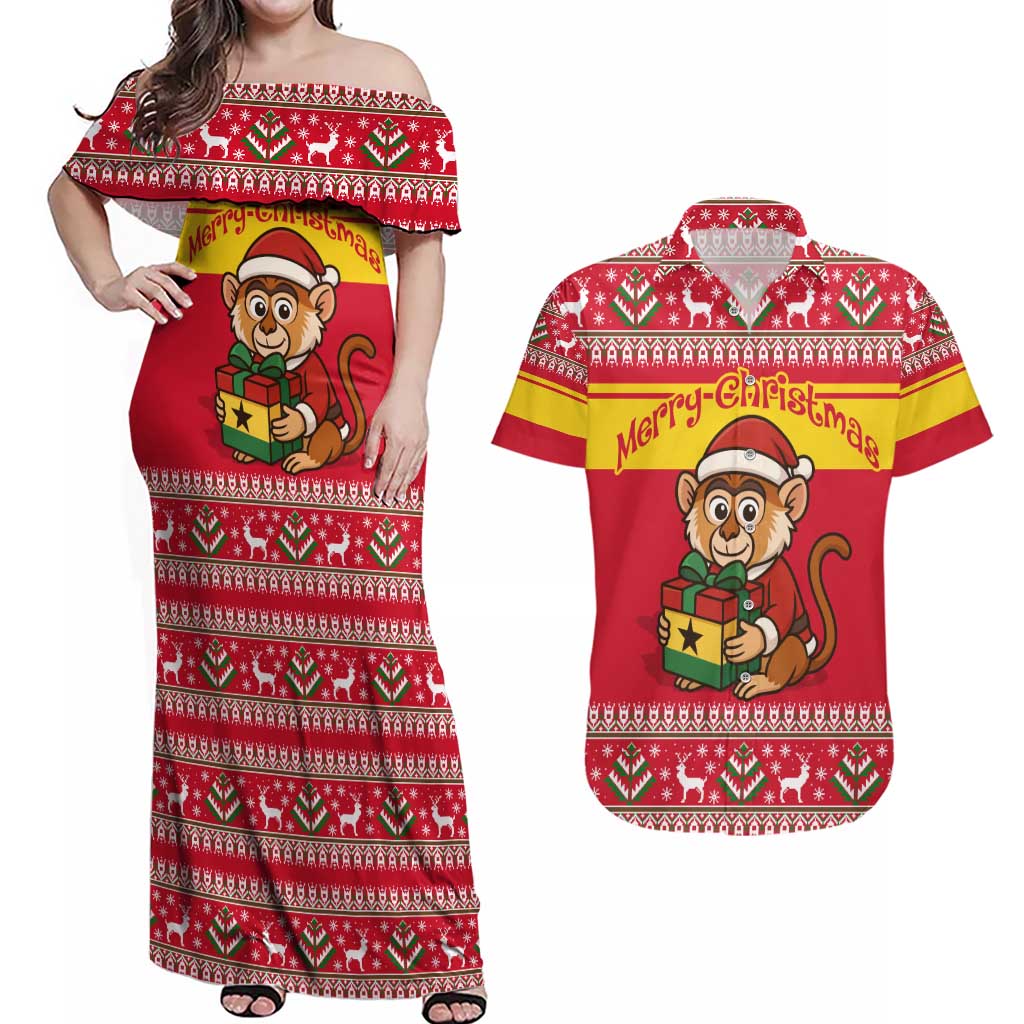 Ghana Christmas Couples Matching Off Shoulder Maxi Dress and Hawaiian Shirt with Monkey Holding Gift Ghana Map and Festive - Wonder Print Shop