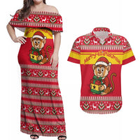 Ghana Christmas Couples Matching Off Shoulder Maxi Dress and Hawaiian Shirt with Monkey Holding Gift Ghana Map and Festive - Wonder Print Shop