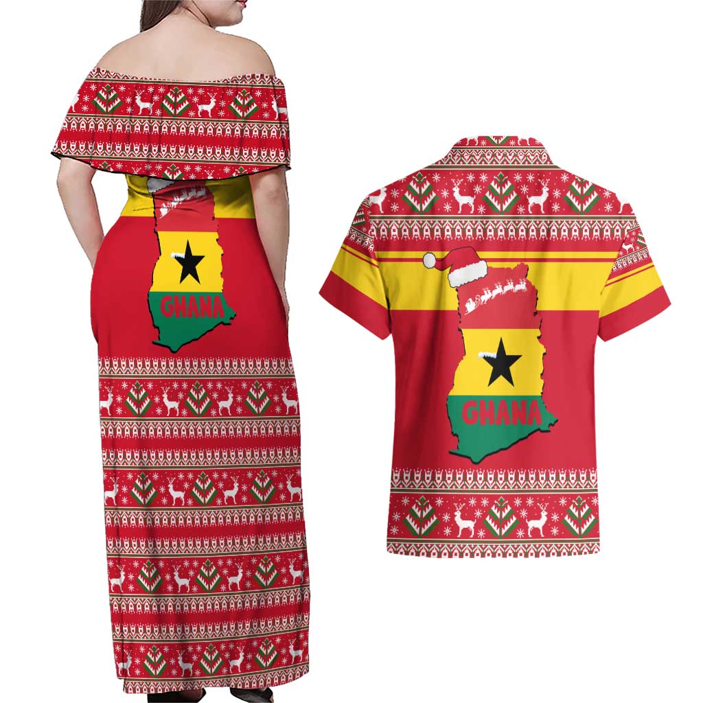 Ghana Christmas Couples Matching Off Shoulder Maxi Dress and Hawaiian Shirt with Monkey Holding Gift Ghana Map and Festive - Wonder Print Shop