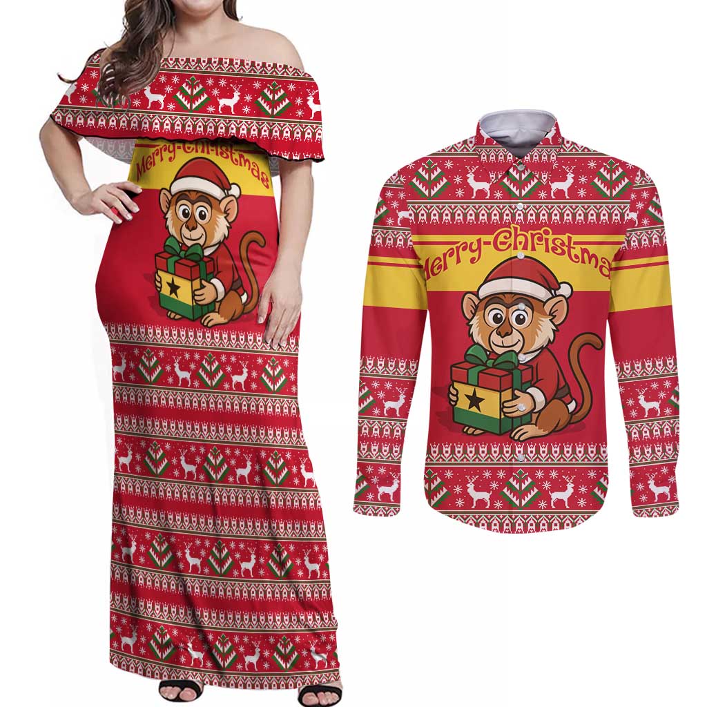 Ghana Christmas Couples Matching Off Shoulder Maxi Dress and Long Sleeve Button Shirt with Monkey Holding Gift Ghana Map and Festive - Wonder Print Shop