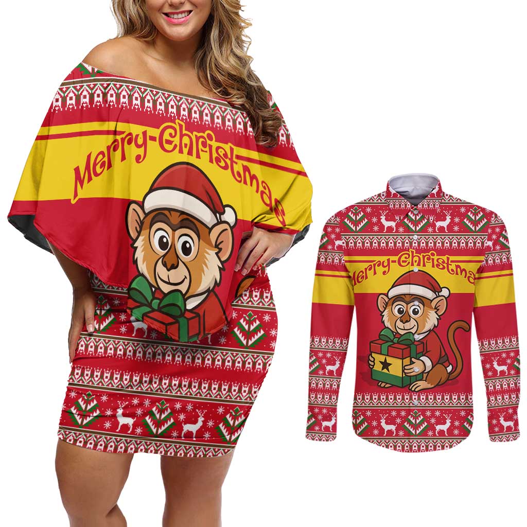 Ghana Christmas Couples Matching Off Shoulder Short Dress and Long Sleeve Button Shirt with Monkey Holding Gift Ghana Map and Festive - Wonder Print Shop