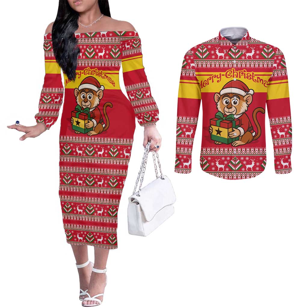 Ghana Christmas Couples Matching Off The Shoulder Long Sleeve Dress and Long Sleeve Button Shirt with Monkey Holding Gift Ghana Map and Festive - Wonder Print Shop