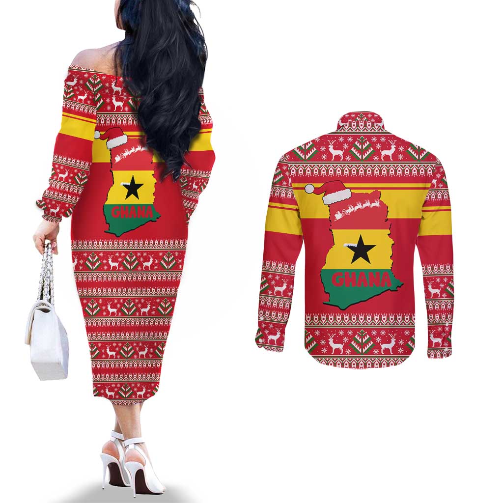 Ghana Christmas Couples Matching Off The Shoulder Long Sleeve Dress and Long Sleeve Button Shirt with Monkey Holding Gift Ghana Map and Festive - Wonder Print Shop