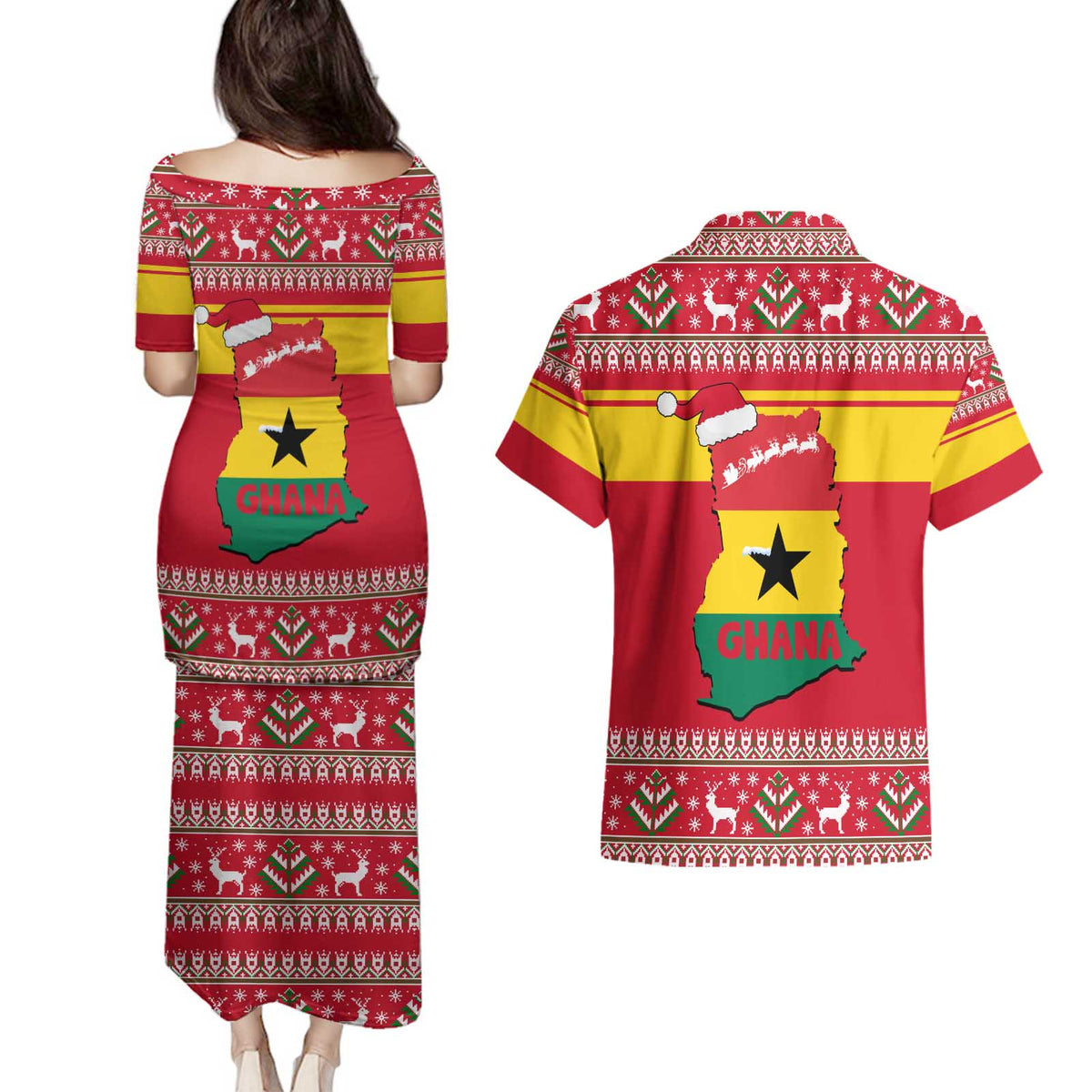 Ghana Christmas Couples Matching Puletasi and Hawaiian Shirt with Monkey Holding Gift Ghana Map and Festive - Wonder Print Shop