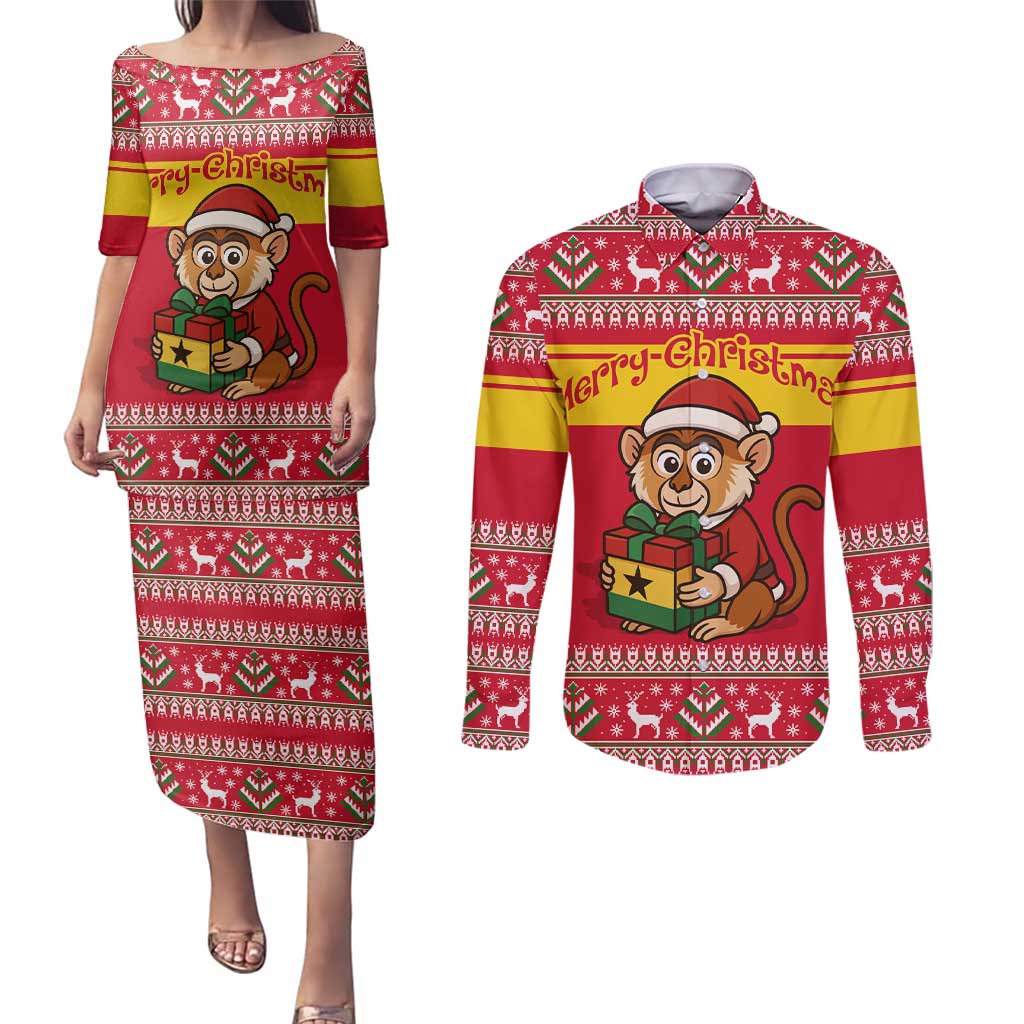 Ghana Christmas Couples Matching Puletasi and Long Sleeve Button Shirt with Monkey Holding Gift Ghana Map and Festive - Wonder Print Shop