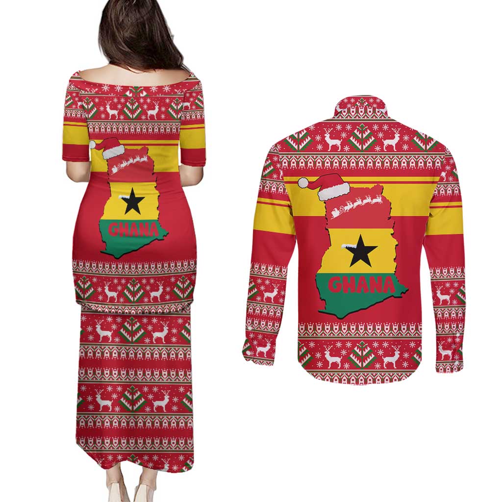 Ghana Christmas Couples Matching Puletasi and Long Sleeve Button Shirt with Monkey Holding Gift Ghana Map and Festive - Wonder Print Shop
