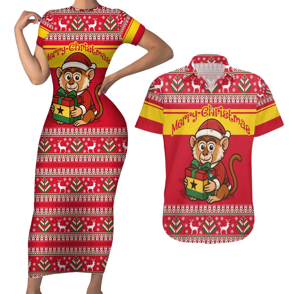 Ghana Christmas Couples Matching Short Sleeve Bodycon Dress and Hawaiian Shirt with Monkey Holding Gift Ghana Map and Festive - Wonder Print Shop