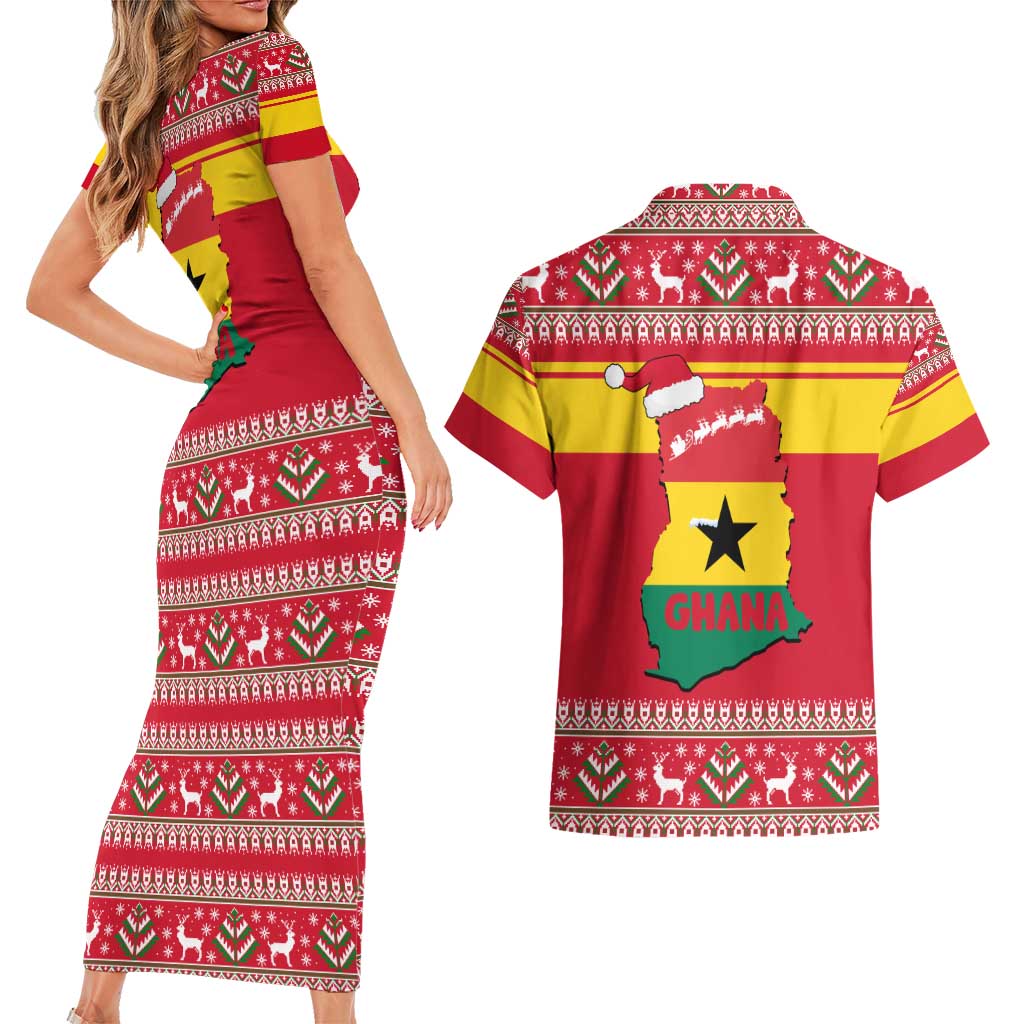 Ghana Christmas Couples Matching Short Sleeve Bodycon Dress and Hawaiian Shirt with Monkey Holding Gift Ghana Map and Festive - Wonder Print Shop