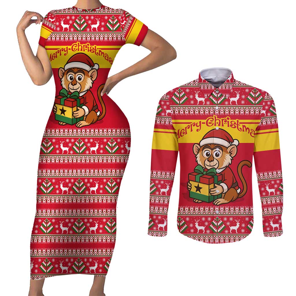 Ghana Christmas Couples Matching Short Sleeve Bodycon Dress and Long Sleeve Button Shirt with Monkey Holding Gift Ghana Map and Festive - Wonder Print Shop