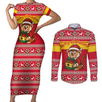 Ghana Christmas Couples Matching Short Sleeve Bodycon Dress and Long Sleeve Button Shirt with Monkey Holding Gift Ghana Map and Festive - Wonder Print Shop