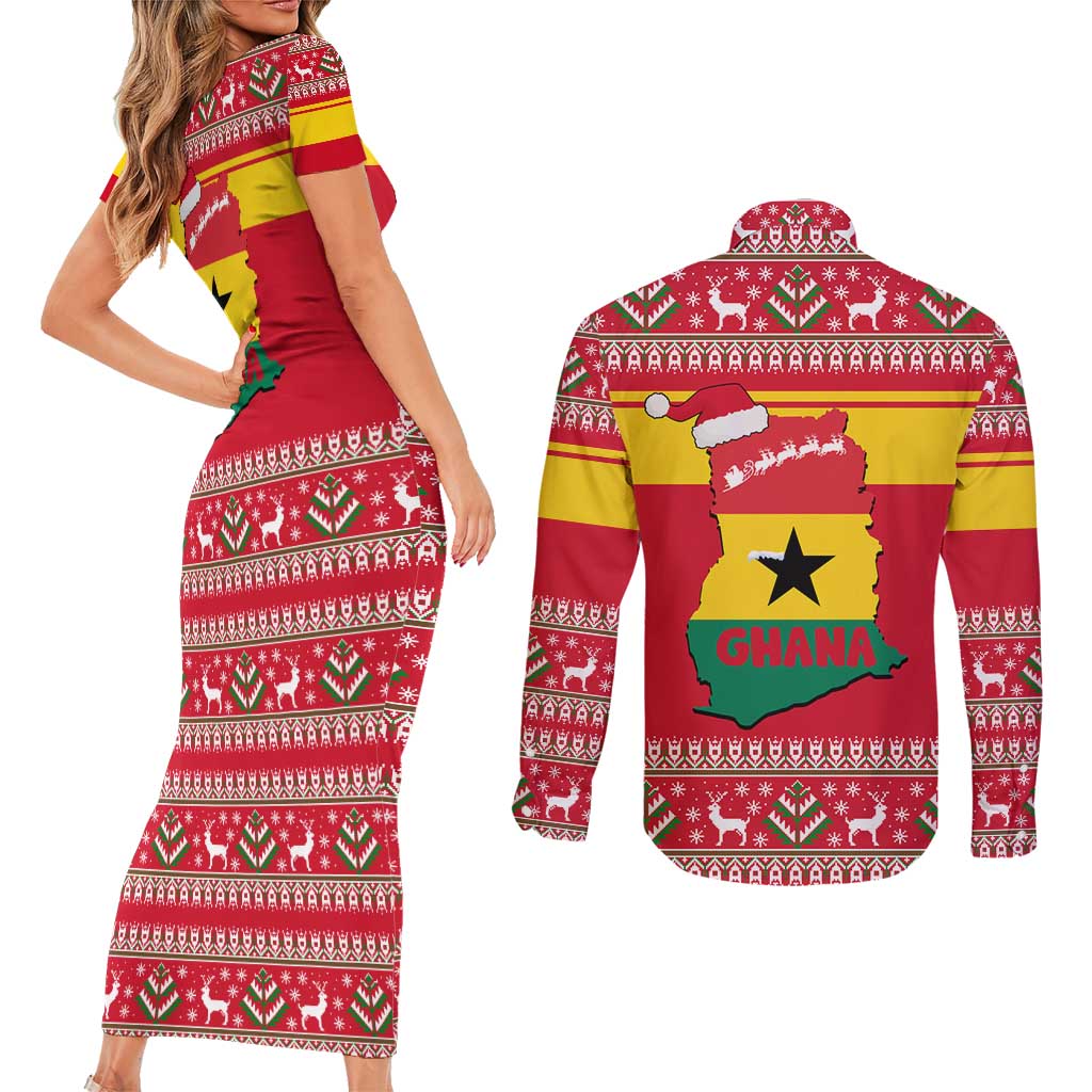 Ghana Christmas Couples Matching Short Sleeve Bodycon Dress and Long Sleeve Button Shirt with Monkey Holding Gift Ghana Map and Festive - Wonder Print Shop