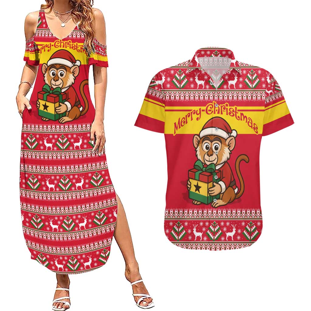 Ghana Christmas Couples Matching Summer Maxi Dress and Hawaiian Shirt with Monkey Holding Gift Ghana Map and Festive - Wonder Print Shop