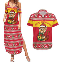 Ghana Christmas Couples Matching Summer Maxi Dress and Hawaiian Shirt with Monkey Holding Gift Ghana Map and Festive - Wonder Print Shop