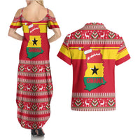 Ghana Christmas Couples Matching Summer Maxi Dress and Hawaiian Shirt with Monkey Holding Gift Ghana Map and Festive - Wonder Print Shop
