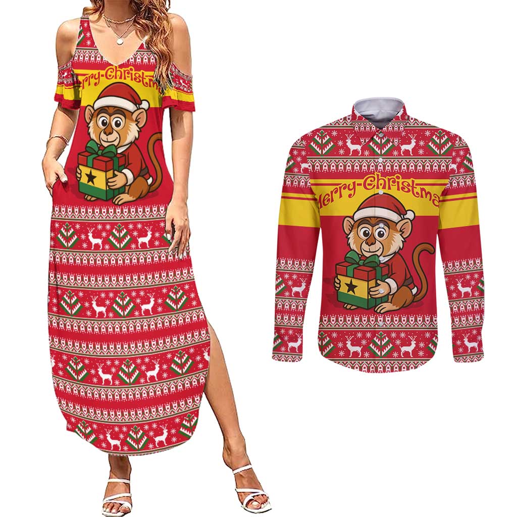 Ghana Christmas Couples Matching Summer Maxi Dress and Long Sleeve Button Shirt with Monkey Holding Gift Ghana Map and Festive - Wonder Print Shop