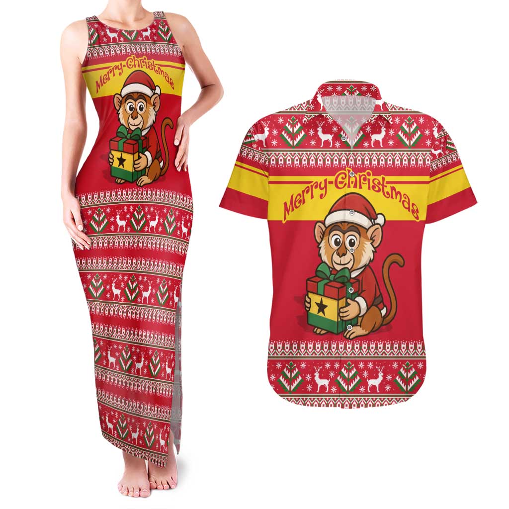 Ghana Christmas Couples Matching Tank Maxi Dress and Hawaiian Shirt with Monkey Holding Gift Ghana Map and Festive - Wonder Print Shop