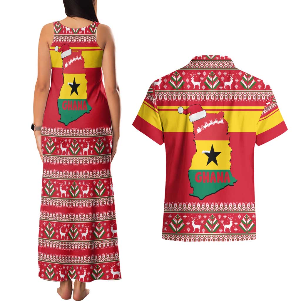 Ghana Christmas Couples Matching Tank Maxi Dress and Hawaiian Shirt with Monkey Holding Gift Ghana Map and Festive - Wonder Print Shop