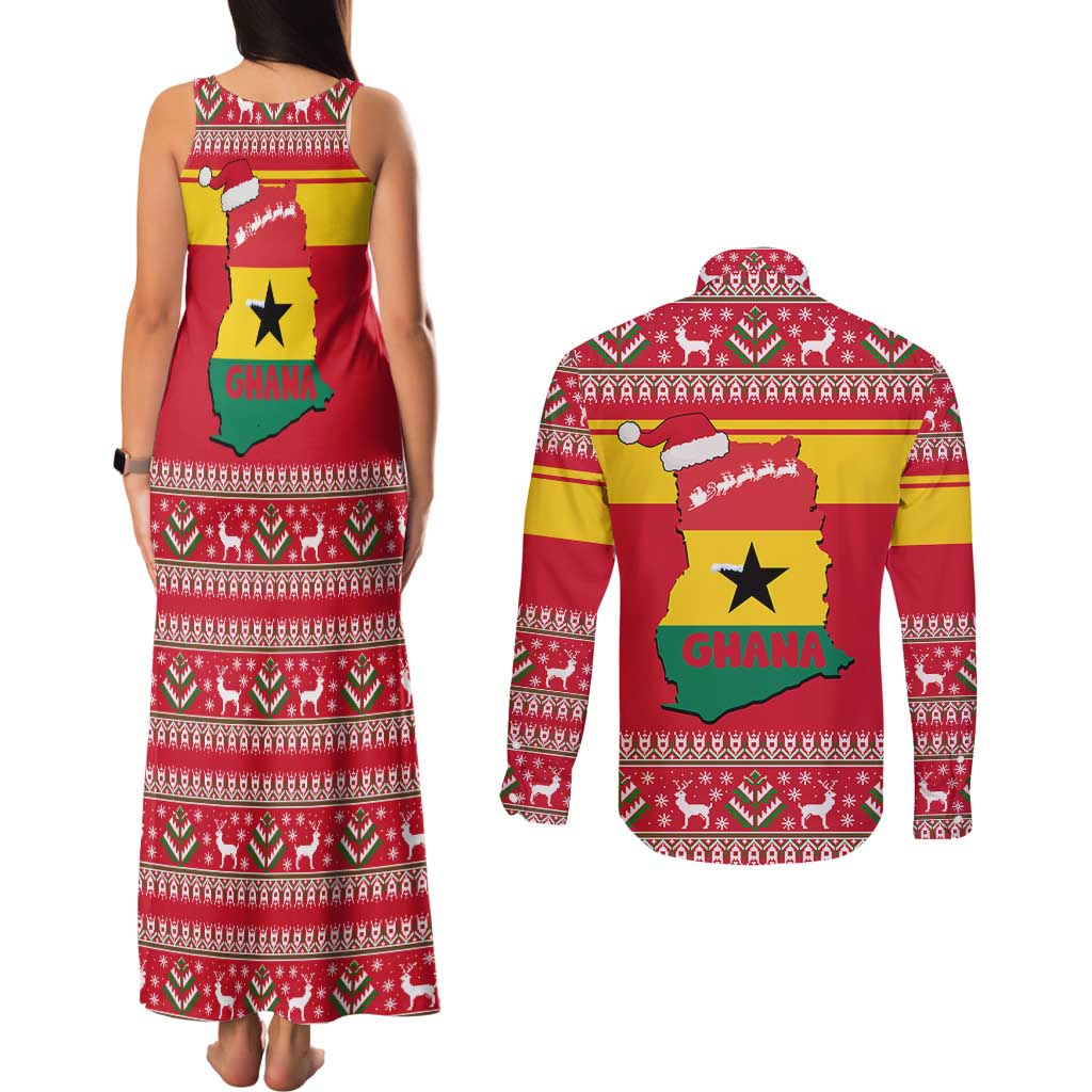 Ghana Christmas Couples Matching Tank Maxi Dress and Long Sleeve Button Shirt with Monkey Holding Gift Ghana Map and Festive - Wonder Print Shop