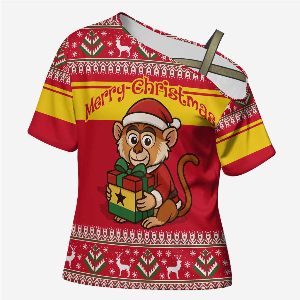 Ghana Christmas Cross Shoulder Shirt with Monkey Holding Gift Ghana Map and Festive - Wonder Print Shop