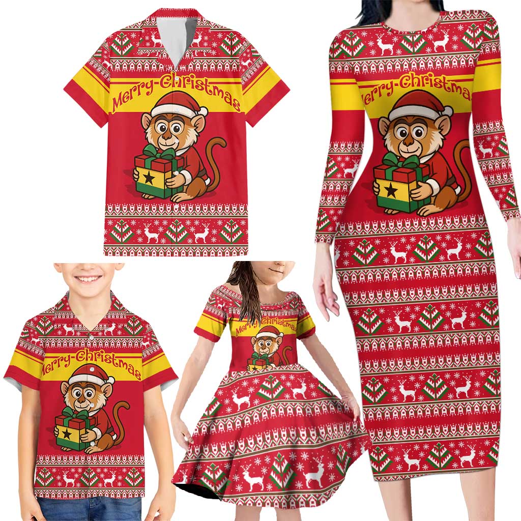 Ghana Christmas Family Matching Long Sleeve Bodycon Dress and Hawaiian Shirt with Monkey Holding Gift Ghana Map and Festive - Wonder Print Shop
