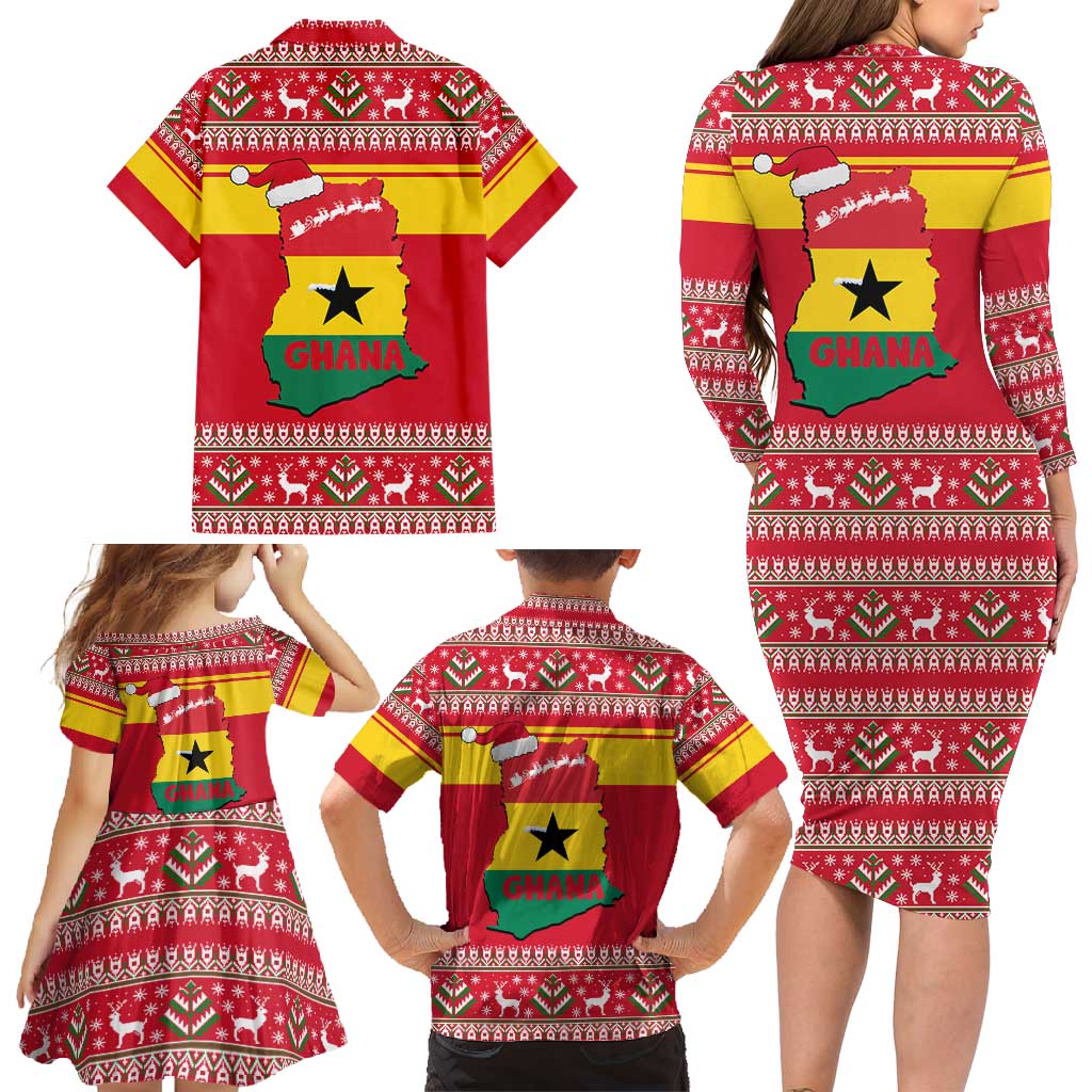 Ghana Christmas Family Matching Long Sleeve Bodycon Dress and Hawaiian Shirt with Monkey Holding Gift Ghana Map and Festive - Wonder Print Shop