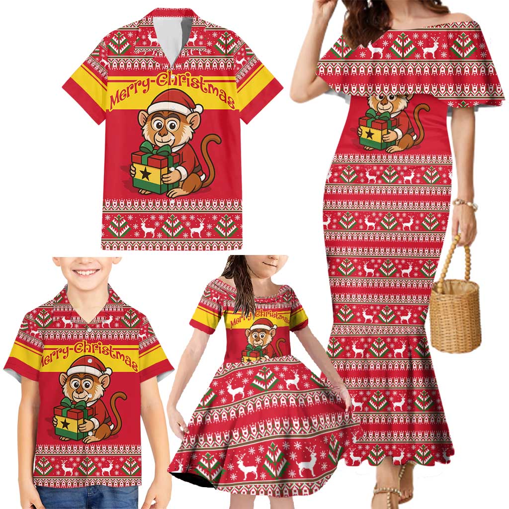 Ghana Christmas Family Matching Mermaid Dress and Hawaiian Shirt with Monkey Holding Gift Ghana Map and Festive - Wonder Print Shop