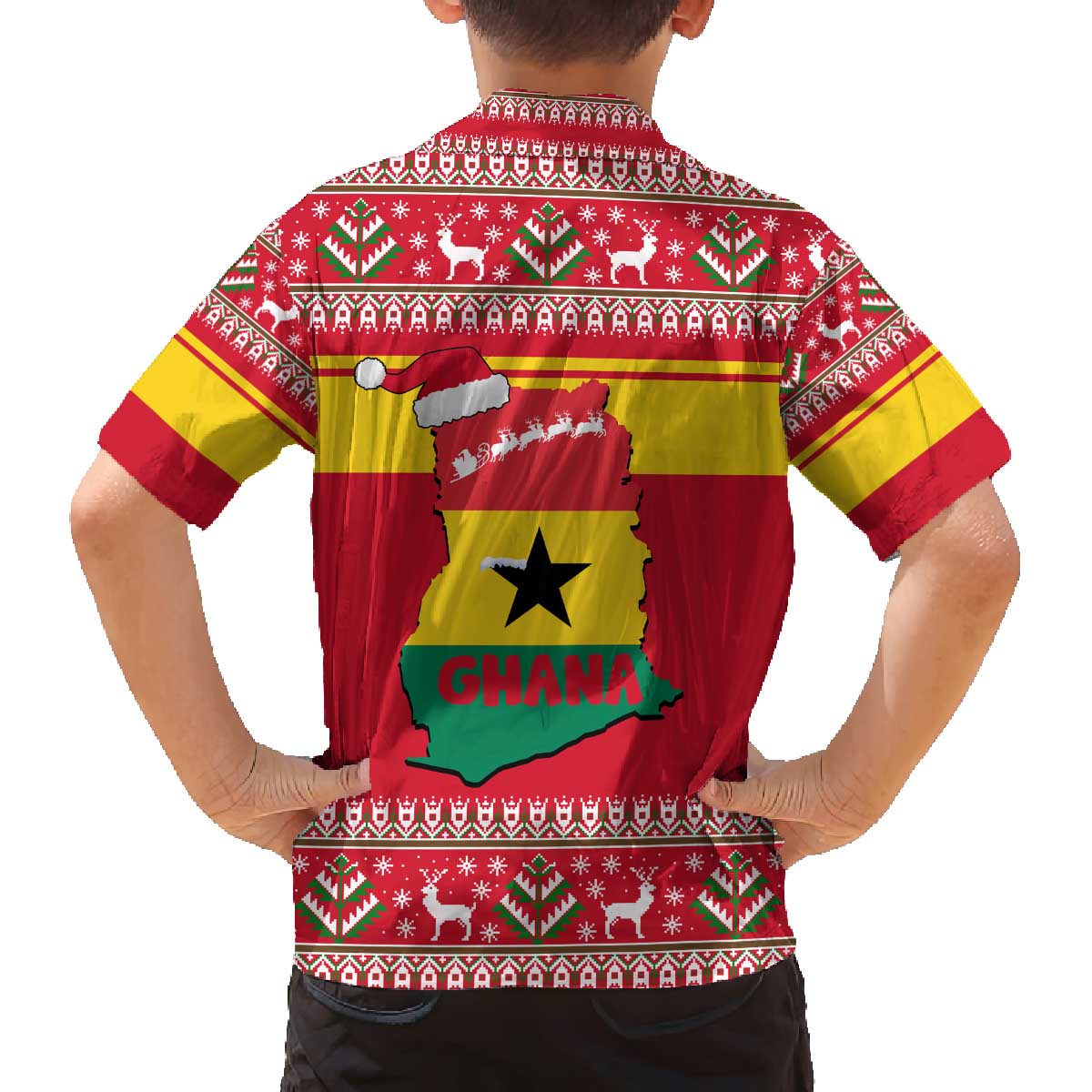 Ghana Christmas Family Matching Off The Shoulder Long Sleeve Dress and Hawaiian Shirt with Monkey Holding Gift Ghana Map and Festive - Wonder Print Shop