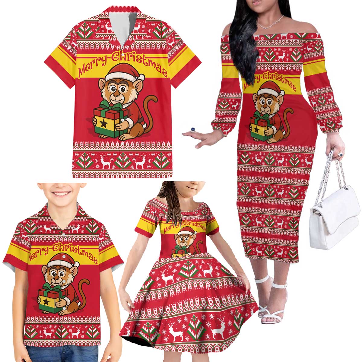 Ghana Christmas Family Matching Off The Shoulder Long Sleeve Dress and Hawaiian Shirt with Monkey Holding Gift Ghana Map and Festive - Wonder Print Shop