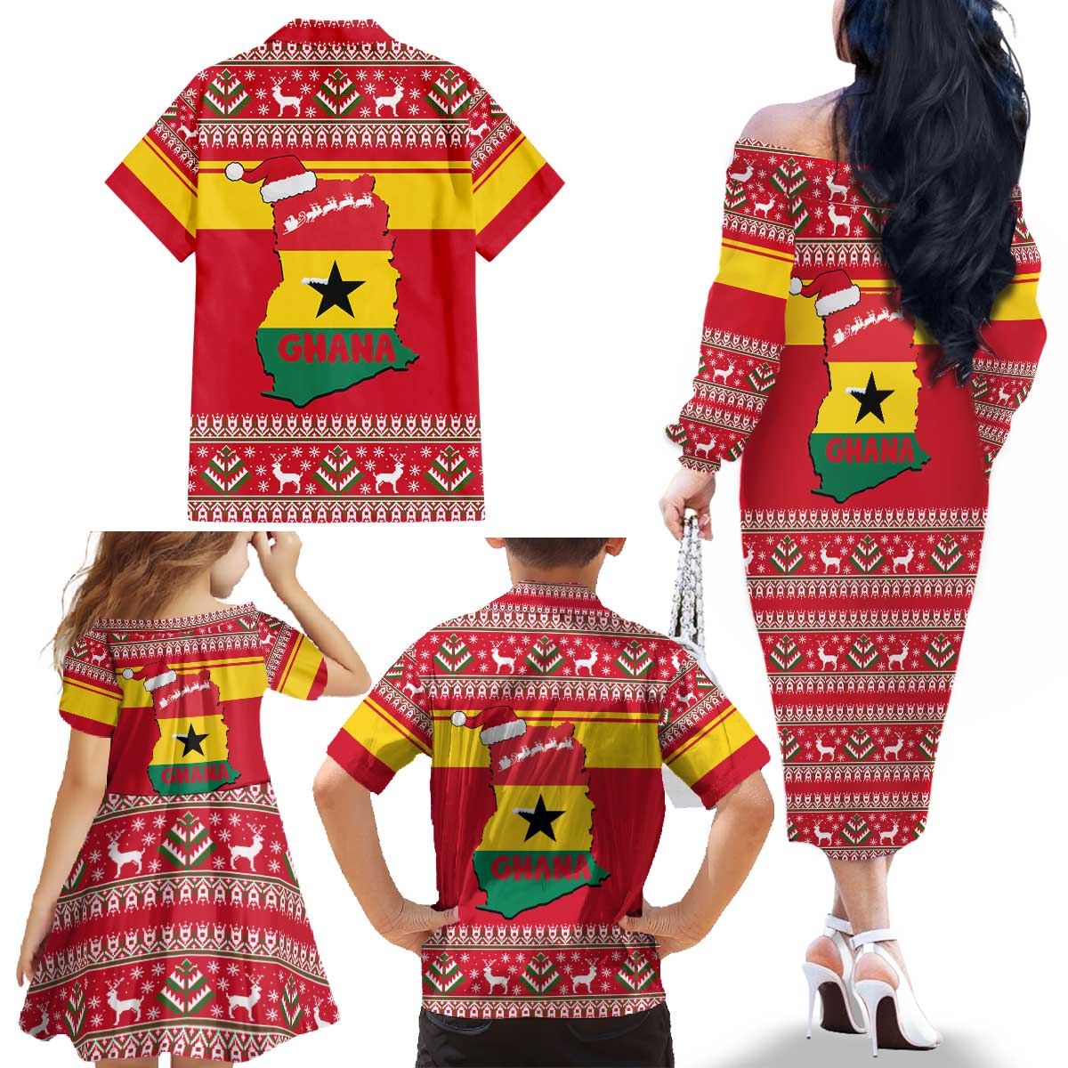 Ghana Christmas Family Matching Off The Shoulder Long Sleeve Dress and Hawaiian Shirt with Monkey Holding Gift Ghana Map and Festive - Wonder Print Shop