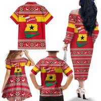 Ghana Christmas Family Matching Off The Shoulder Long Sleeve Dress and Hawaiian Shirt with Monkey Holding Gift Ghana Map and Festive - Wonder Print Shop