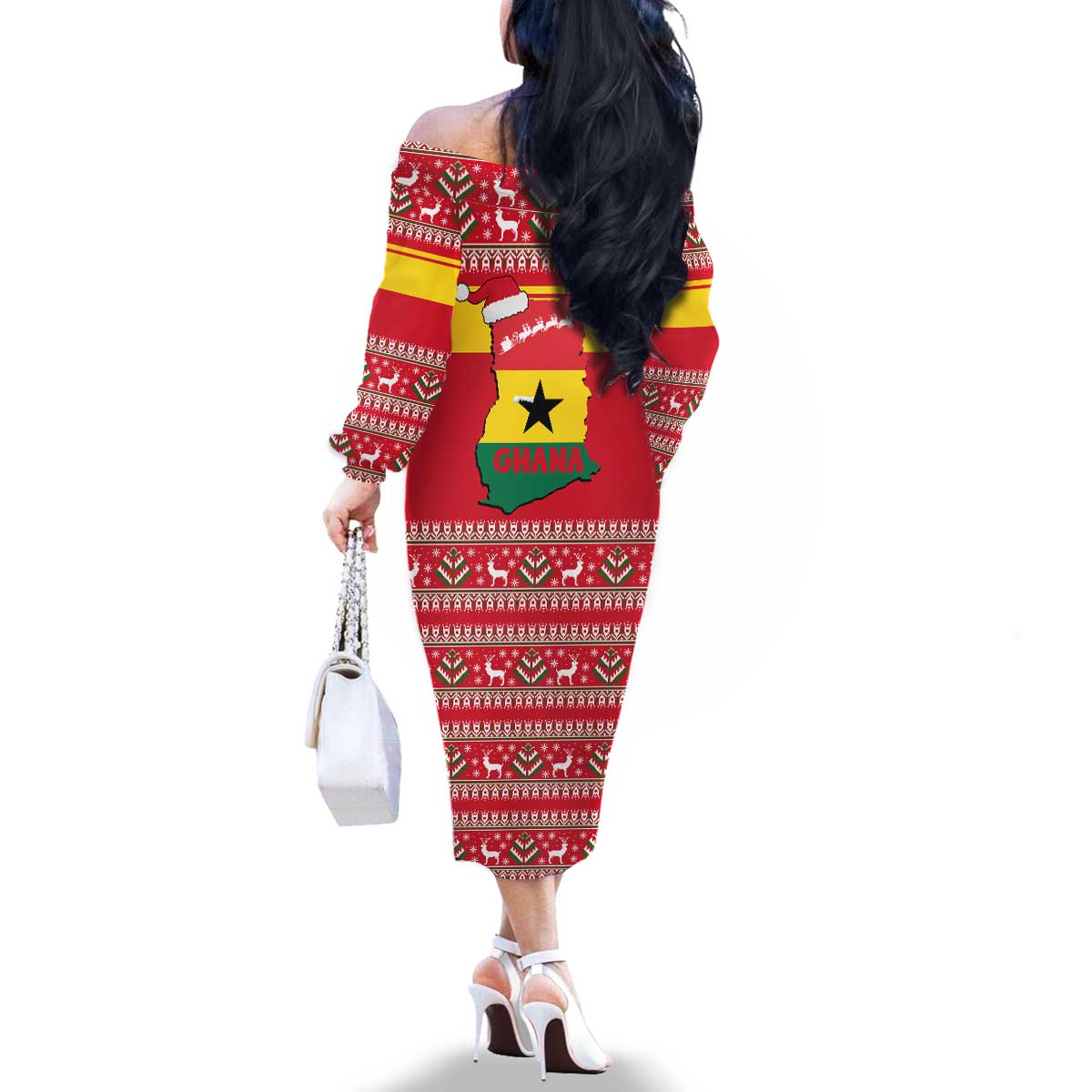 Ghana Christmas Family Matching Off The Shoulder Long Sleeve Dress and Hawaiian Shirt with Monkey Holding Gift Ghana Map and Festive - Wonder Print Shop