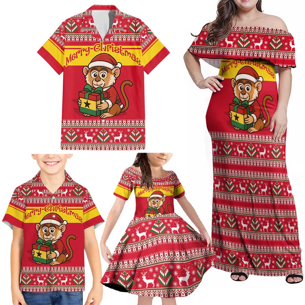 Ghana Christmas Family Matching Off Shoulder Maxi Dress and Hawaiian Shirt with Monkey Holding Gift Ghana Map and Festive - Wonder Print Shop