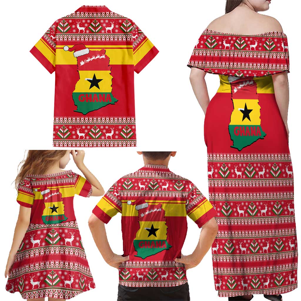Ghana Christmas Family Matching Off Shoulder Maxi Dress and Hawaiian Shirt with Monkey Holding Gift Ghana Map and Festive - Wonder Print Shop